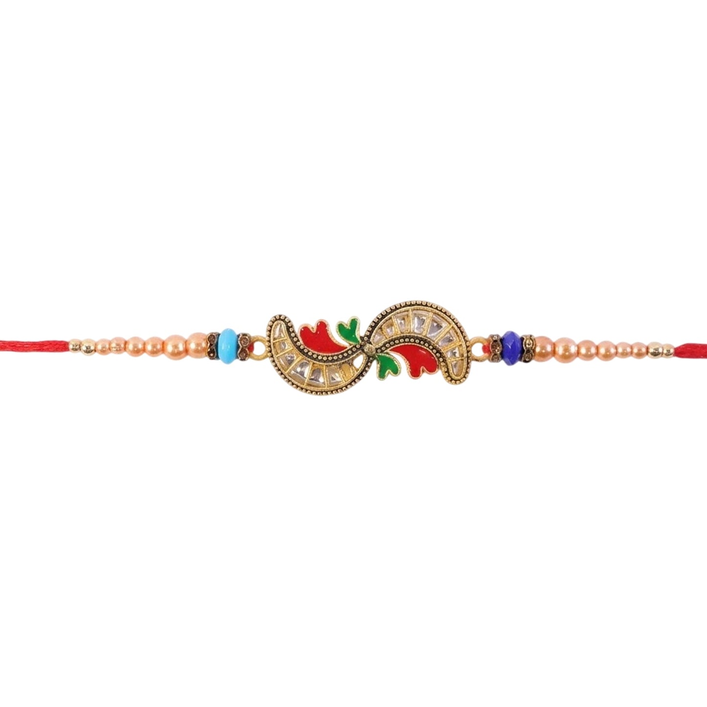 Kundan Meenakari Enamel Charm Pearl Bead Thread Rakhi for Brother