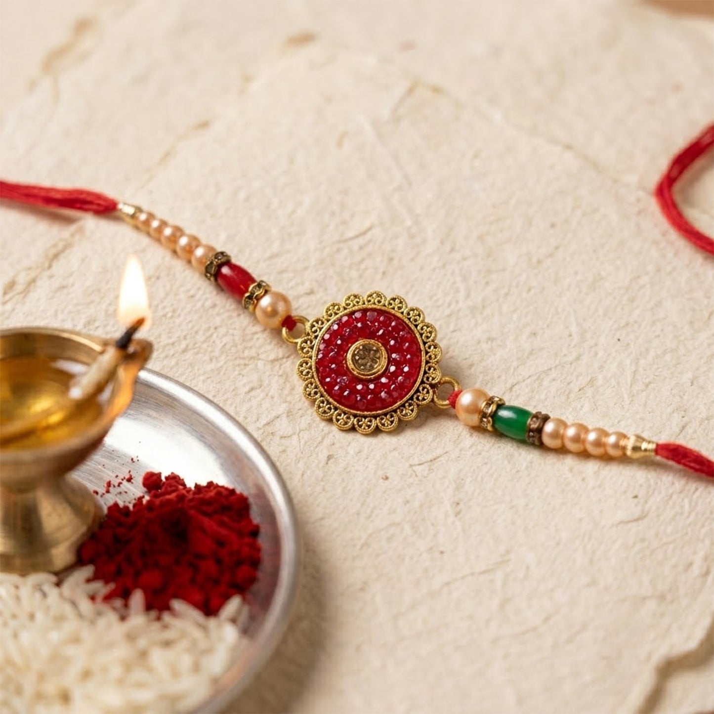 Round Antique Meenakari Enamel Kundan Stone Pearl Bead Rakhi for Brother