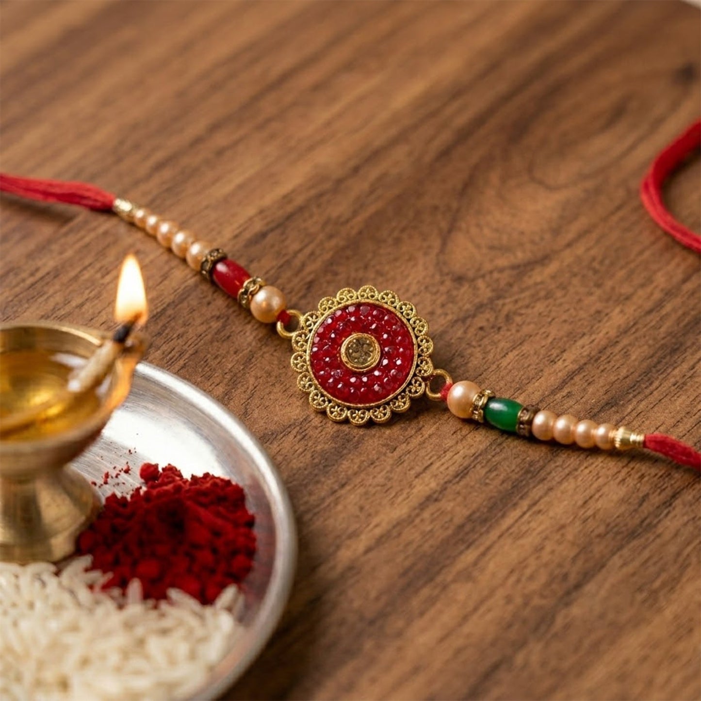 Round Antique Meenakari Enamel Kundan Stone Pearl Bead Rakhi for Brother