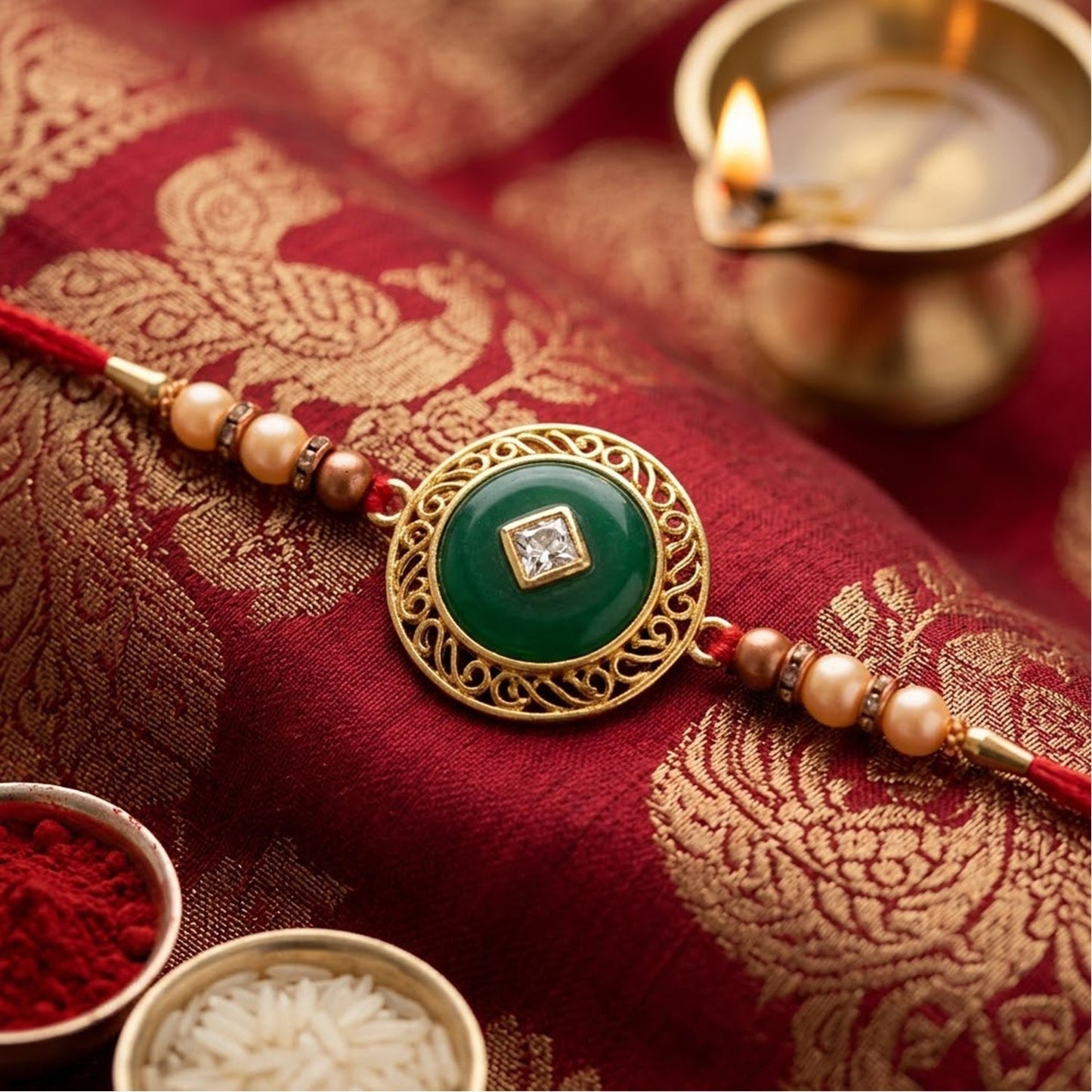 Round Jade Stone Kundan Filigree Charm Pearl Bead Thread Rakhi for Brother