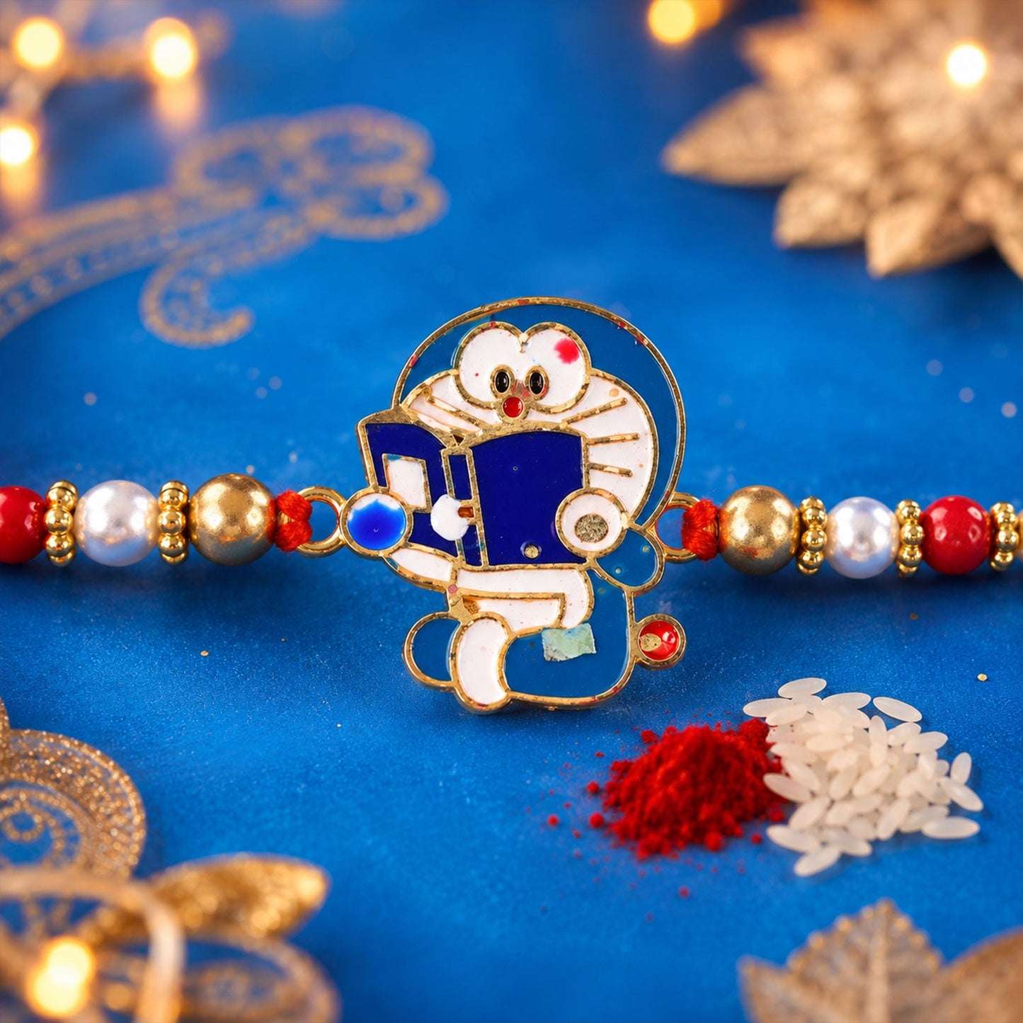 Close-up of the Doraemon charm with vibrant red gold beads.