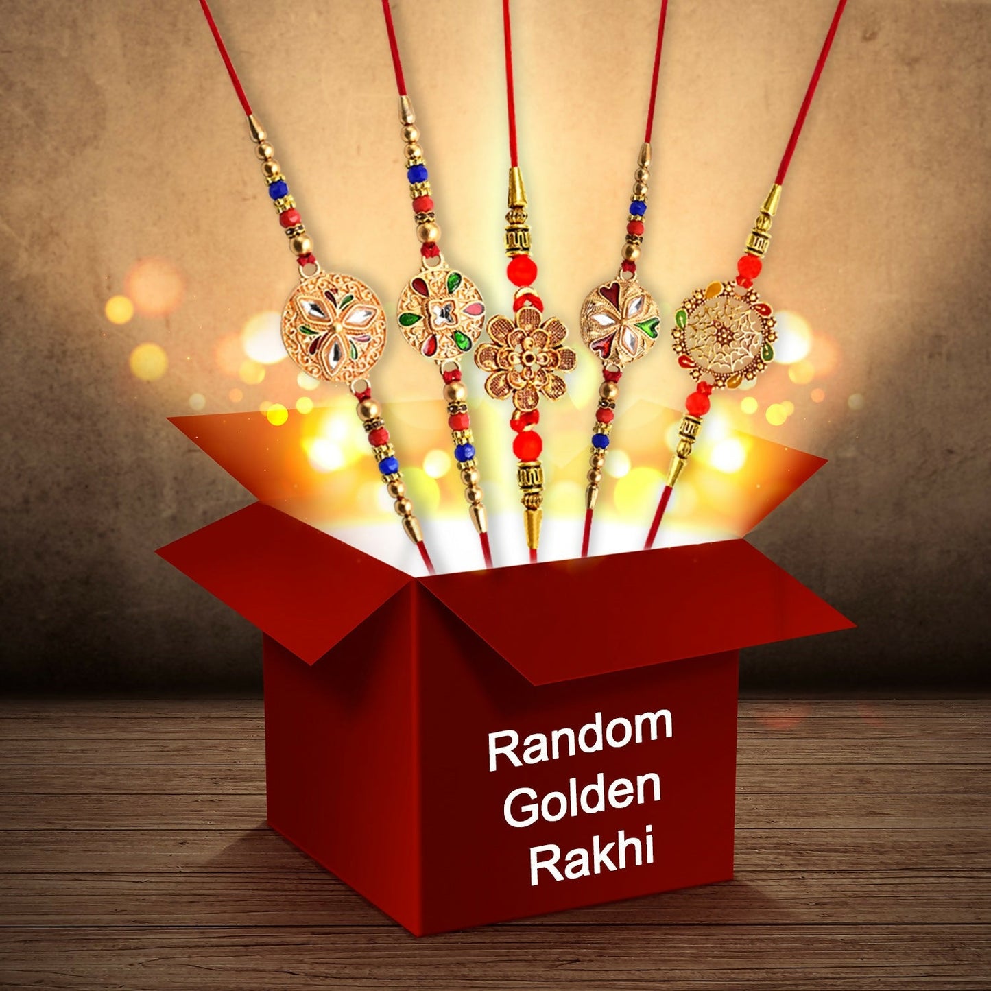 Golden Rakhi for brother with intricate floral design and random surprise element