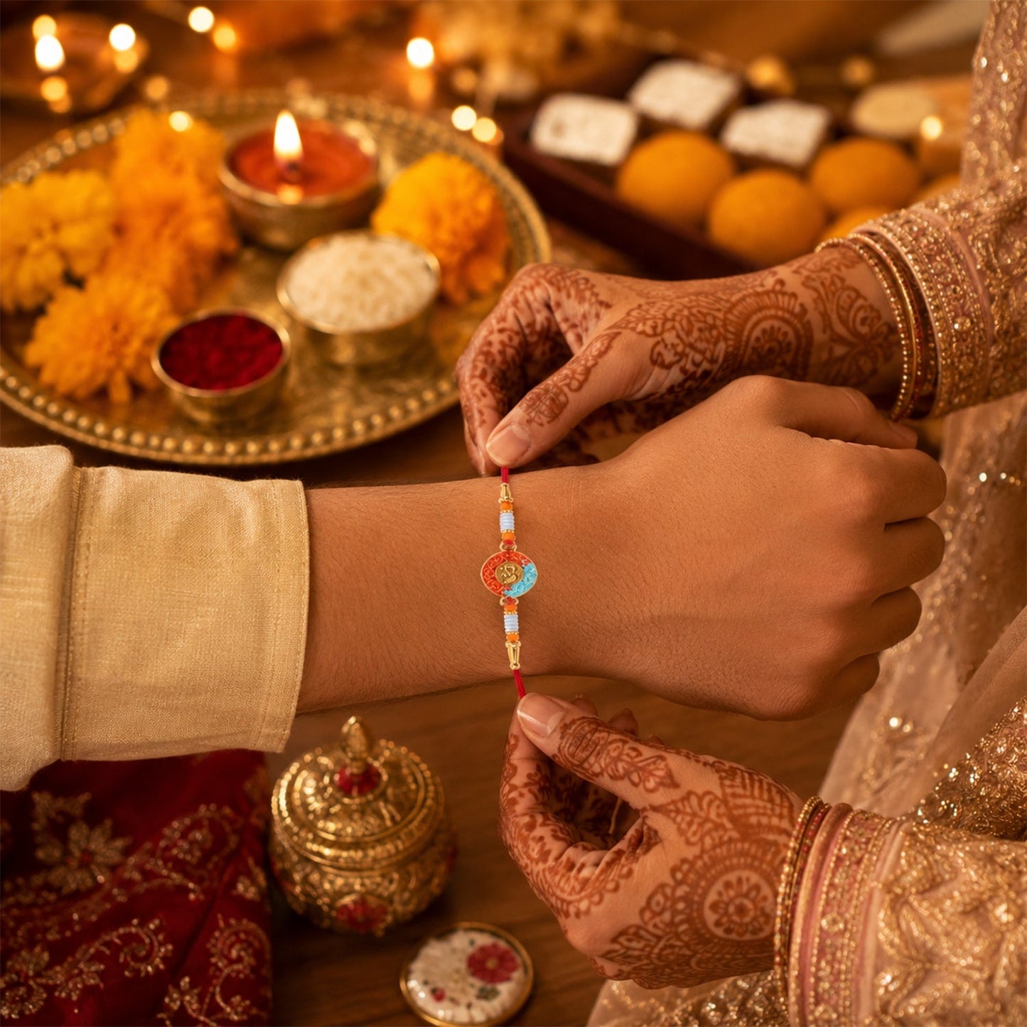OM symbol Rakhi tied with soft thread and beads