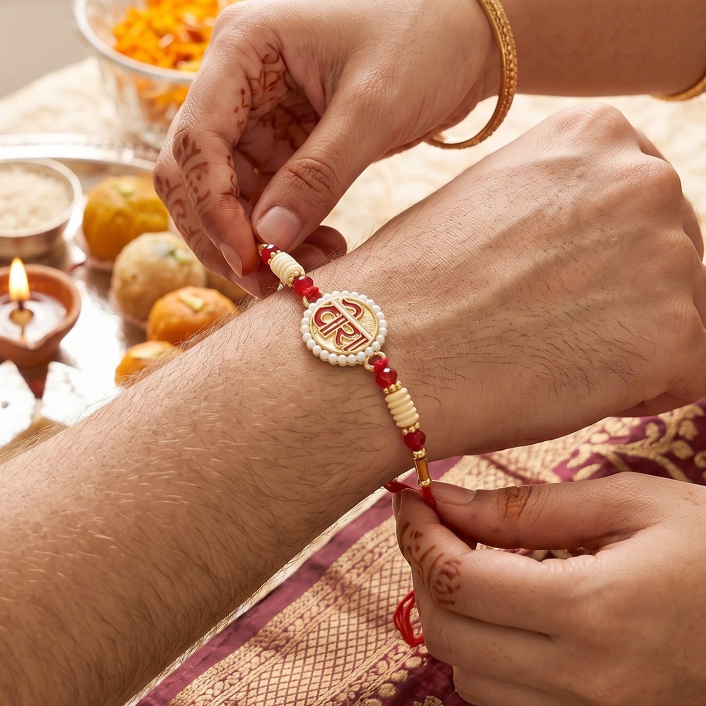 Close-up of soft thread and intricate Rakhi design