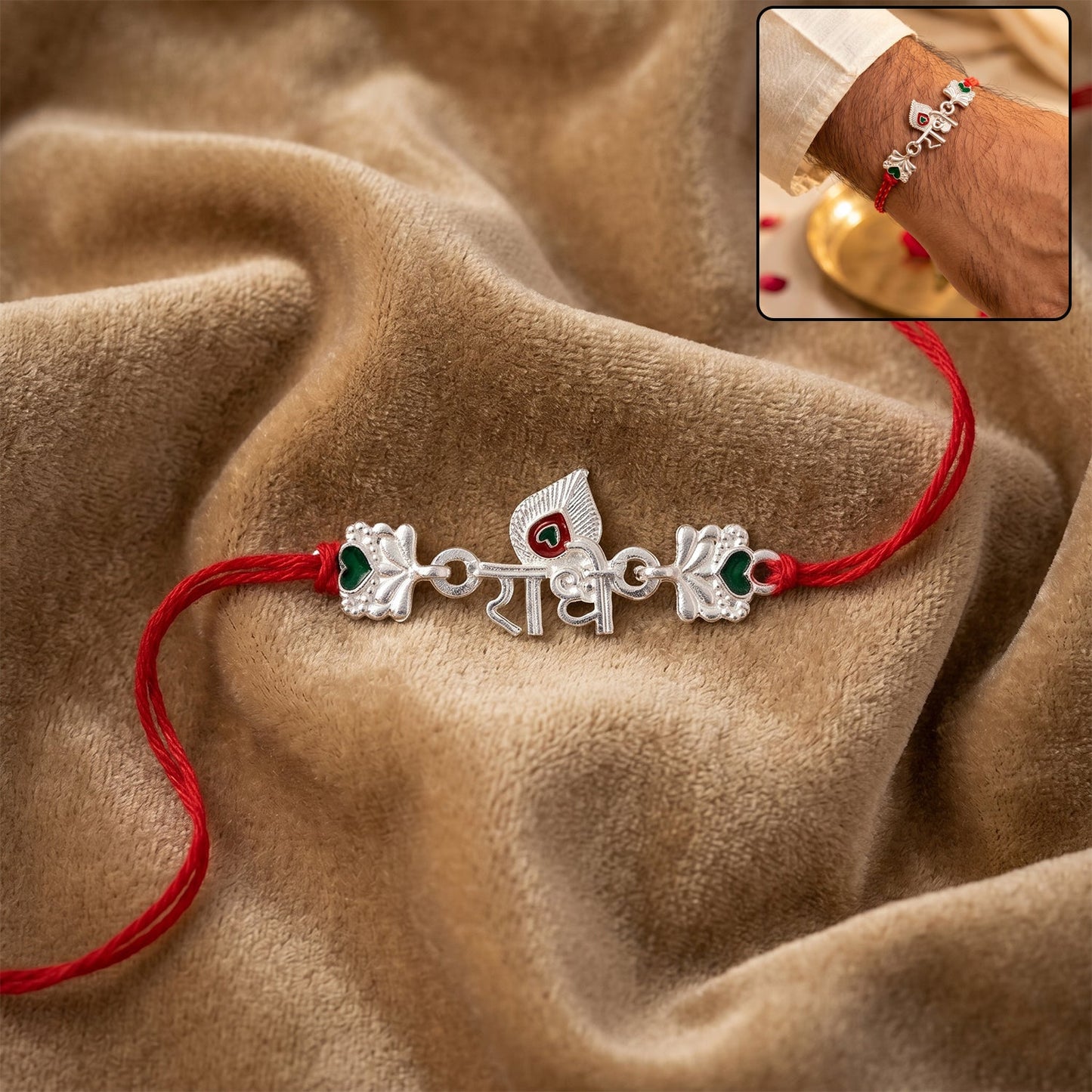 Silver Radhe Morpich Rakhi with green stones and red thread