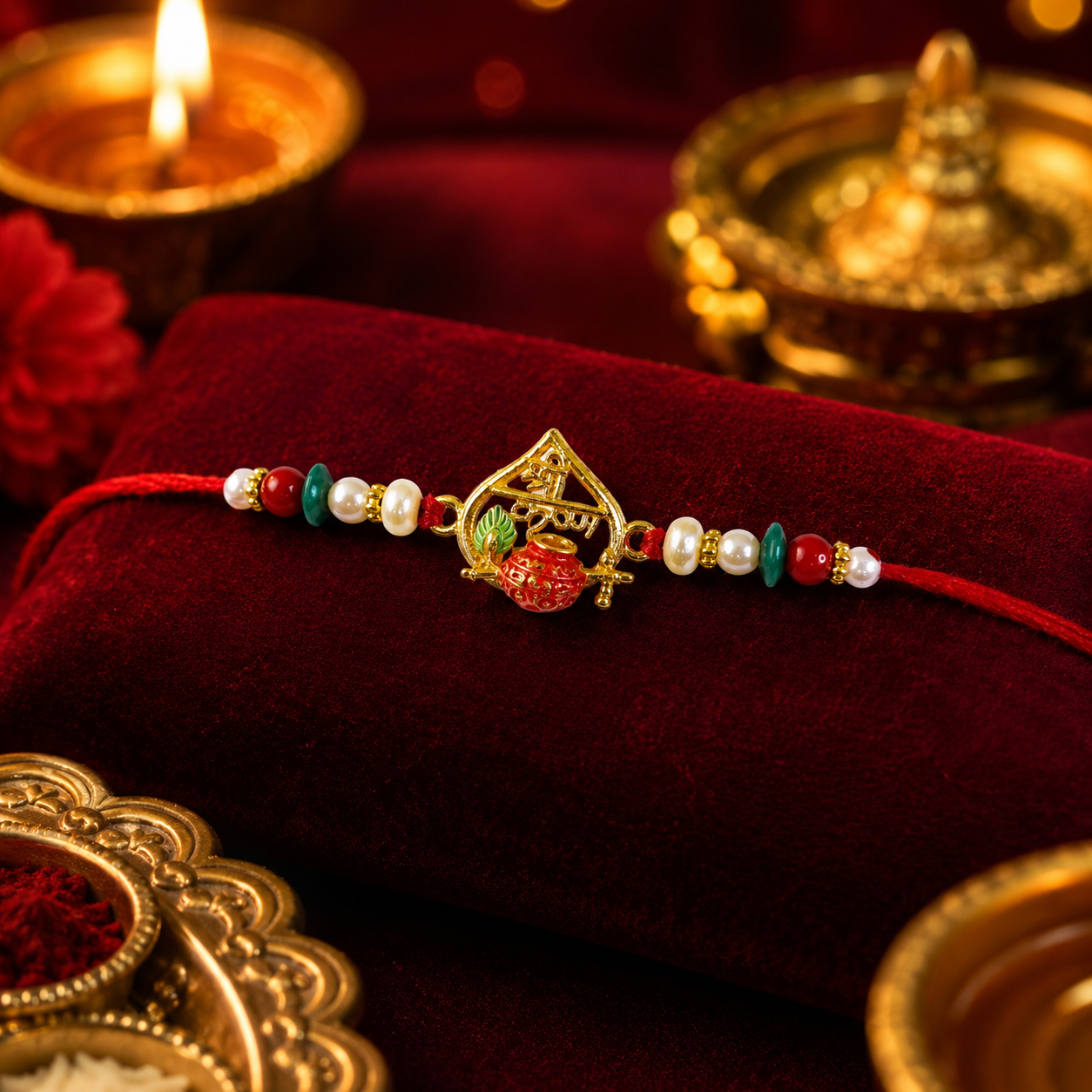 Colorful traditional rakhi with intricate beaded detailing and pearl accents