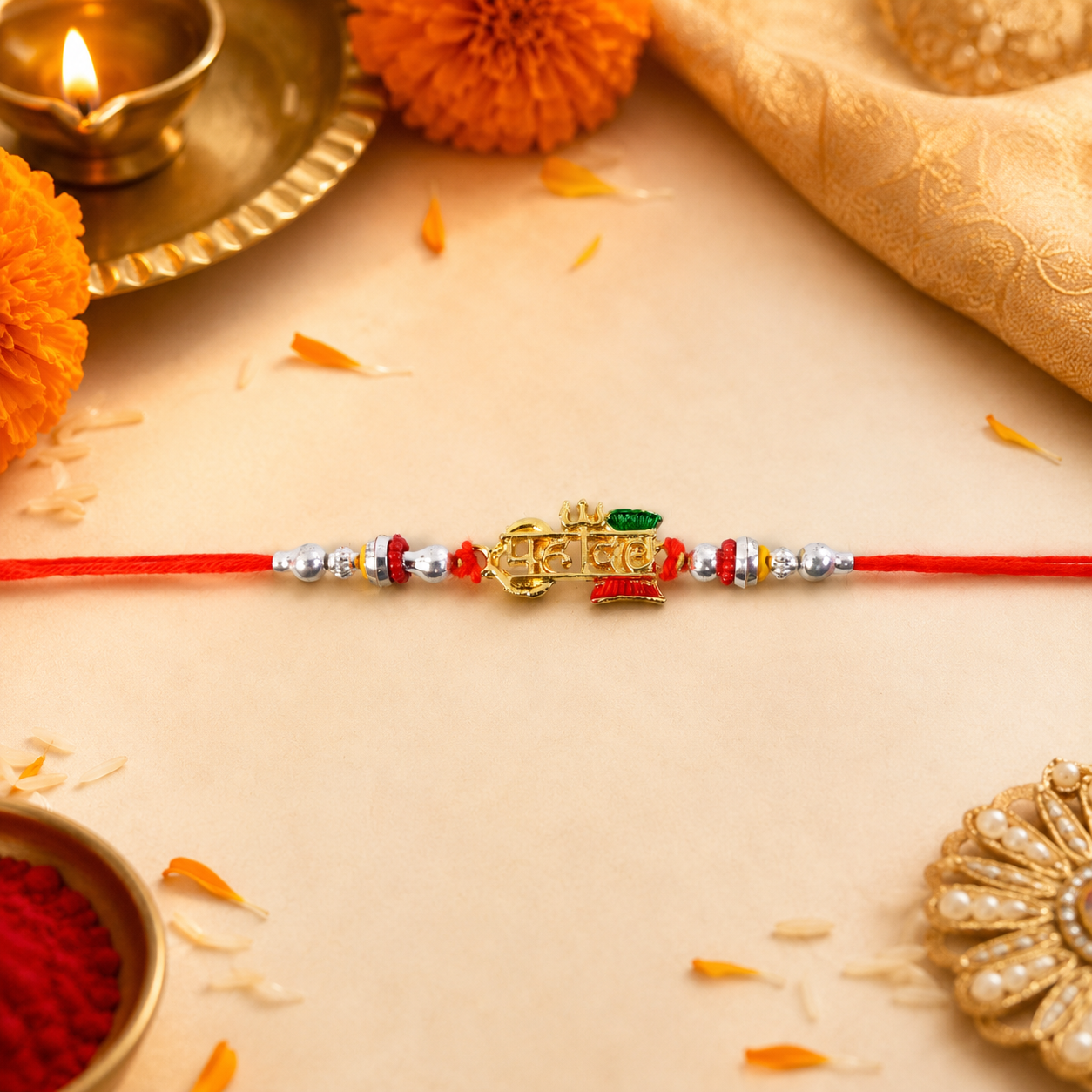Mahadev Damru Rakhi with red and green beads and pearl highlights - main image
