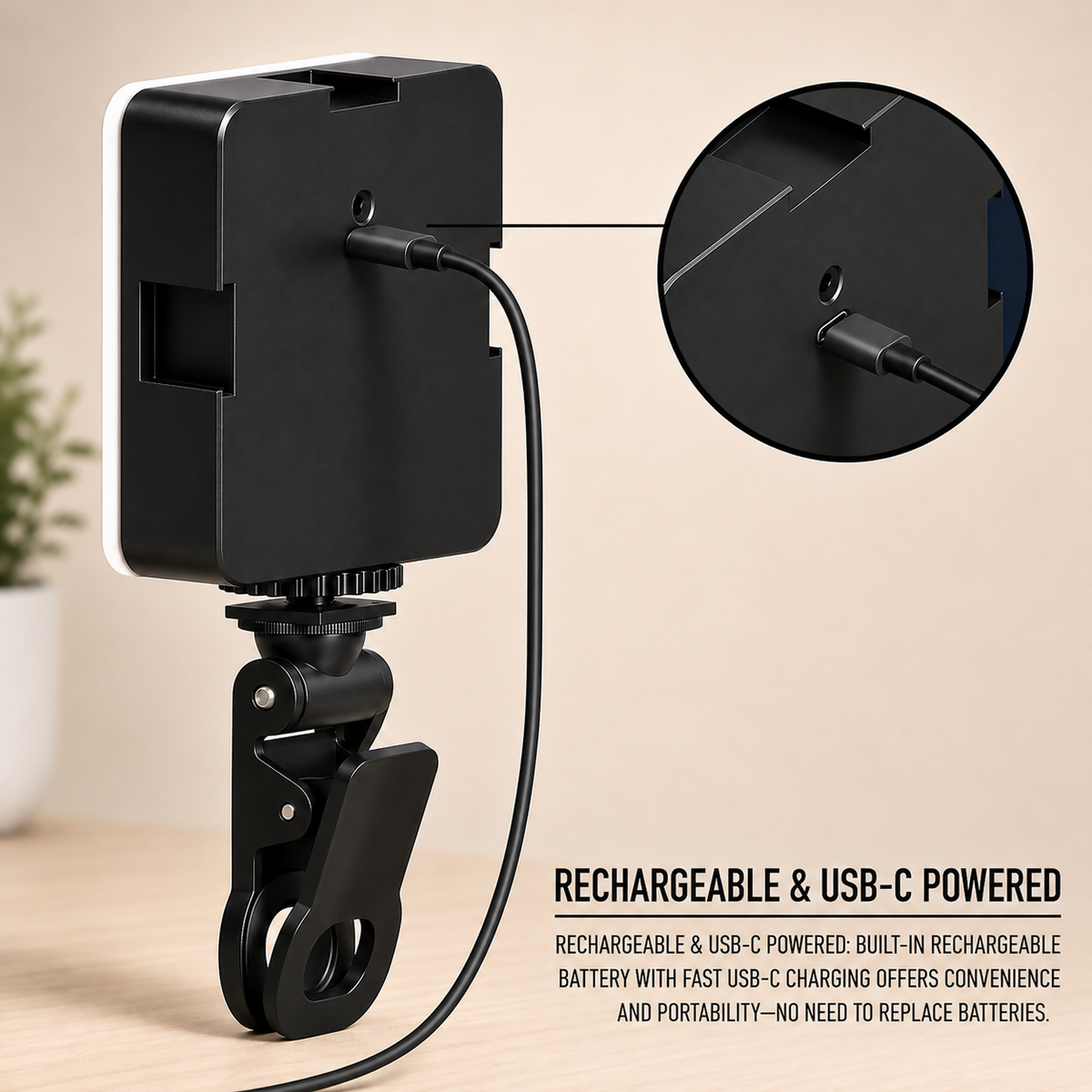 A black LED video light with a white diffuser, attached to a clip, being charged via a USB-C cable.