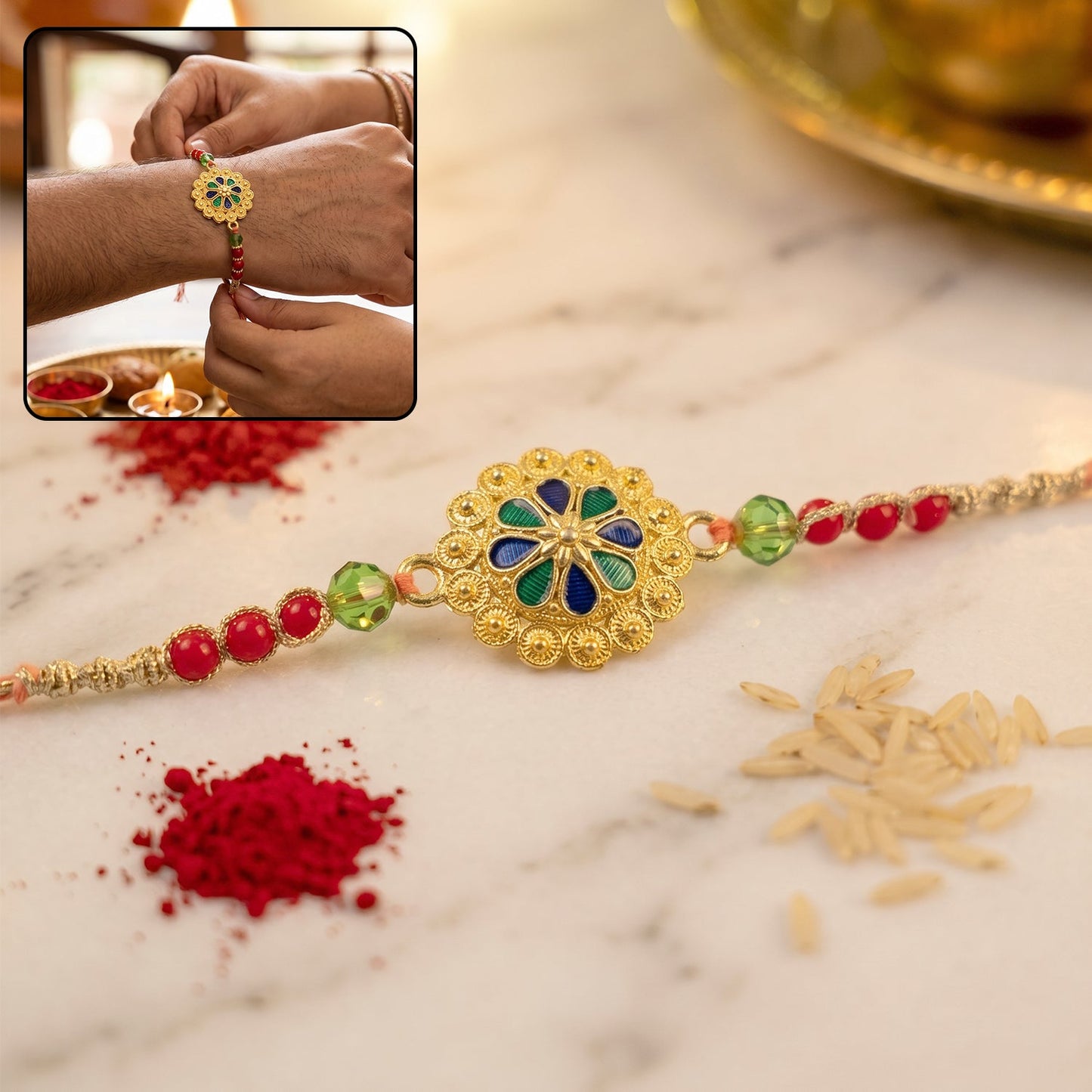 Gold Blue Flower Rakhi with green beads and red pearl accents
