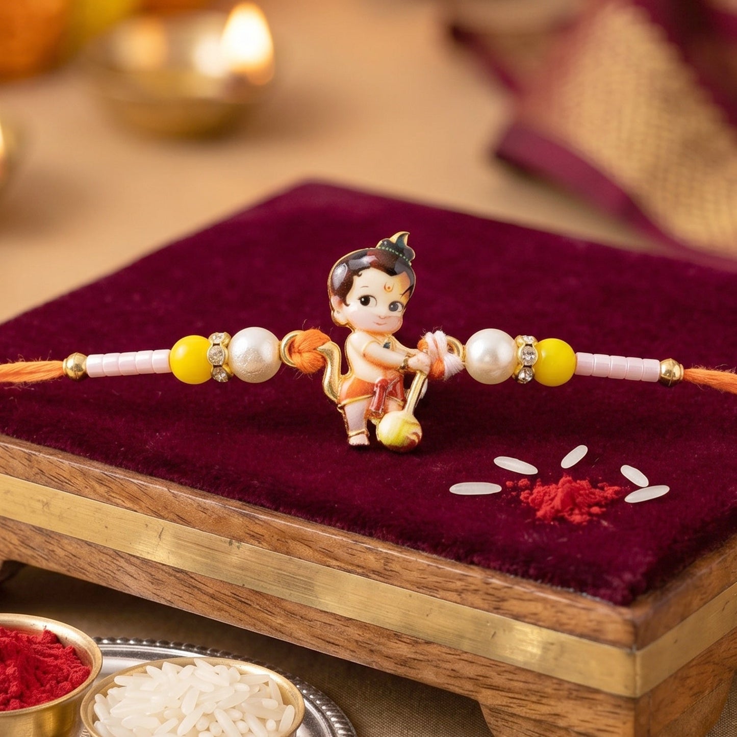 Vibrant decorative beads and craftsmanship of the Bal Hanuman Rakhi.