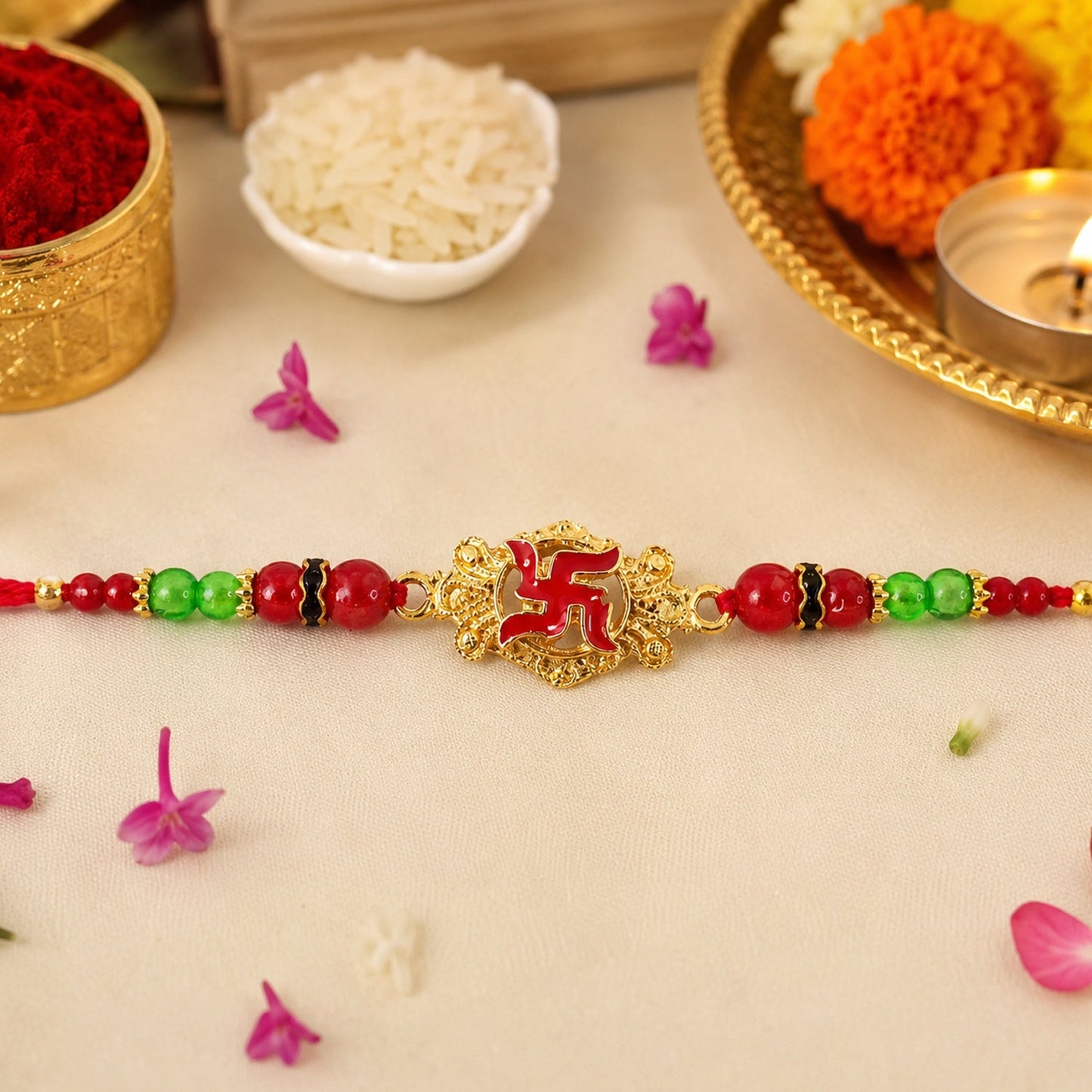 Soft thread of Swastik Symbol Rakhi shown