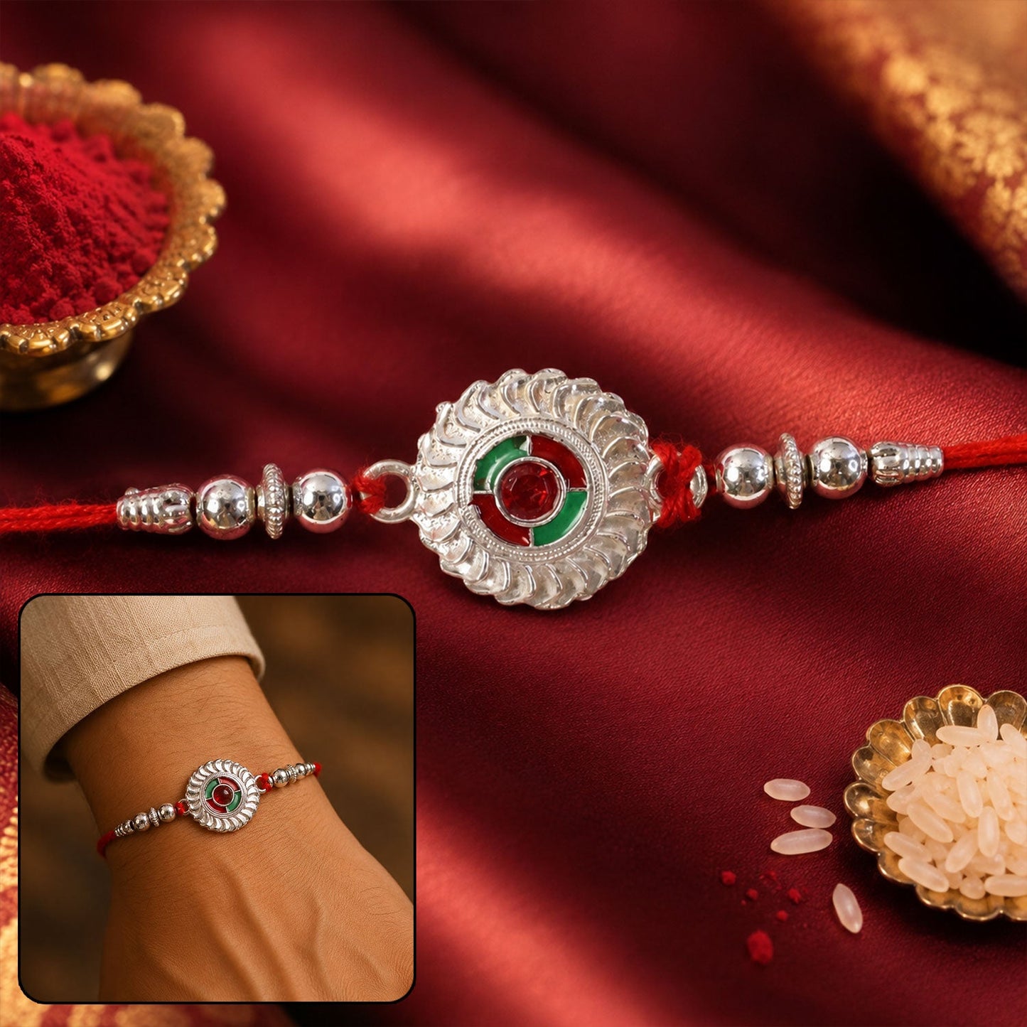 Decorative traditional rakhi with beads and intricate design suitable for Raksha Bandhan
