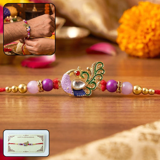 Colorful peacock-themed designer Rakhi with kundan and beadwork