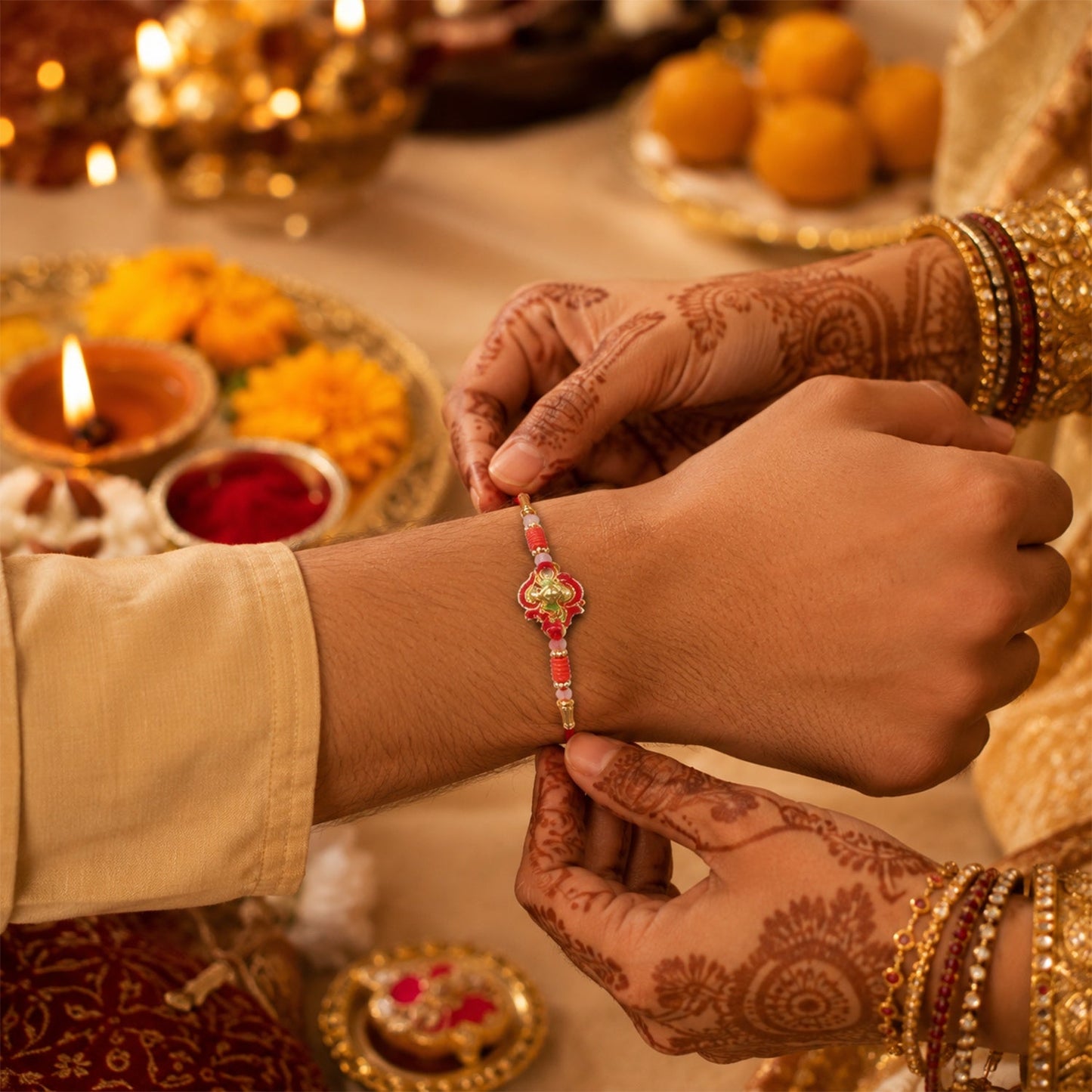 Decorative beads and details on designer Ganesha Rakhi