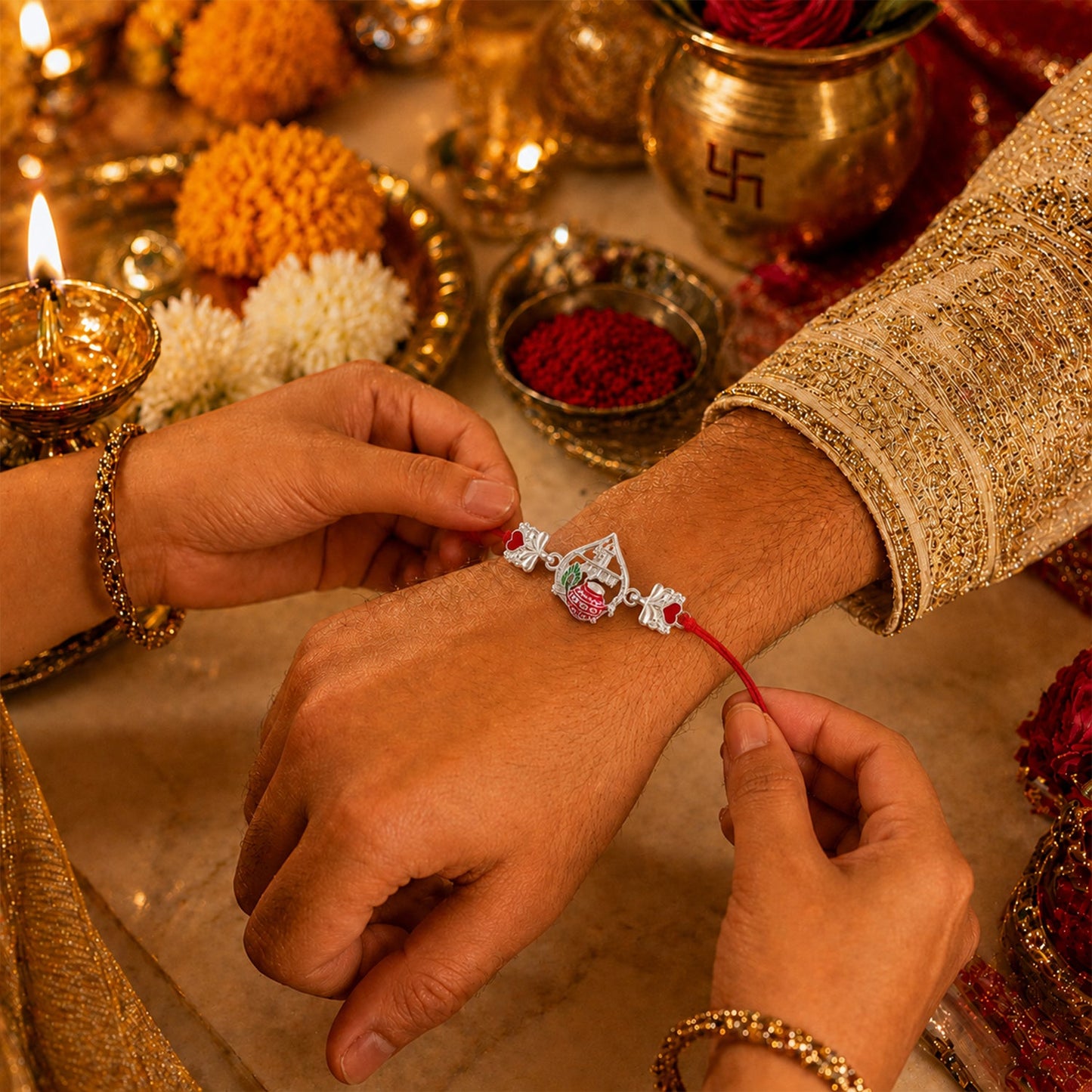 Detailed view of Silver Crown Rakhi with pink stone and red thread