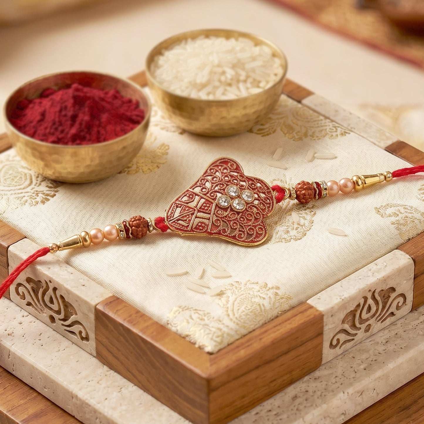 Red heart meenakari rakhi styled for festive occasion