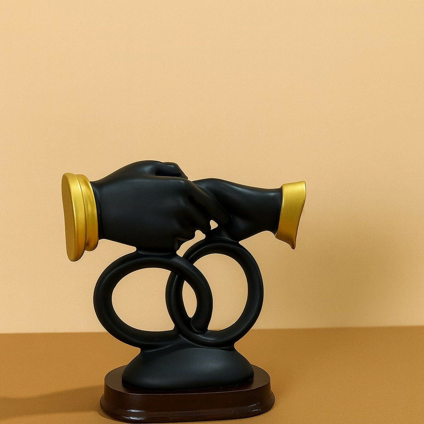 Luxury Black & Gold Handshake Figurine with Interlocked Rings & Floral Base | Romantic Couple Holding Hands Showpiece for Home DÃ©cor, Wedding Gift, Anniversary Gift, Office Desk & Living Room Decoration