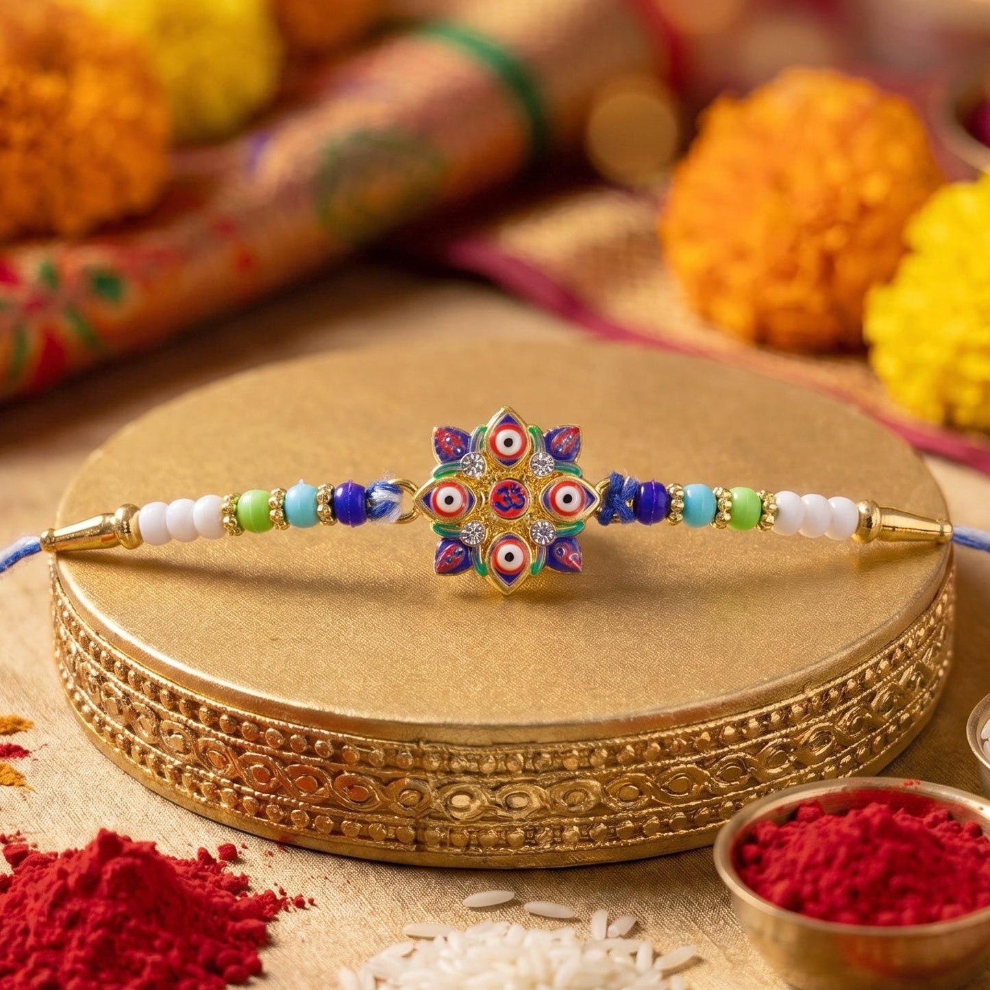 Top view of Evil Eye OM Star Rakhi showing soft thread detail