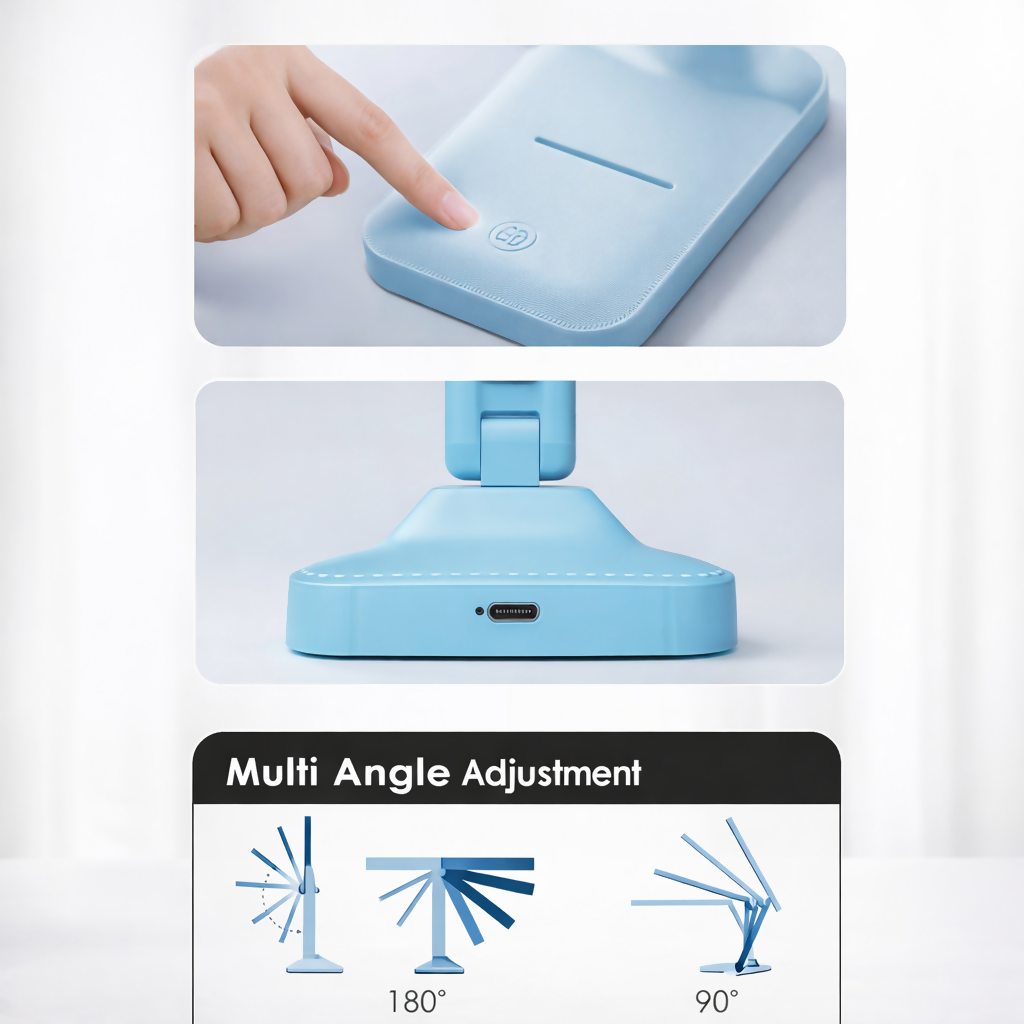 Blue LED Desk Lamp with Touch Control, Pen Holder & Adjustable Arm for Study