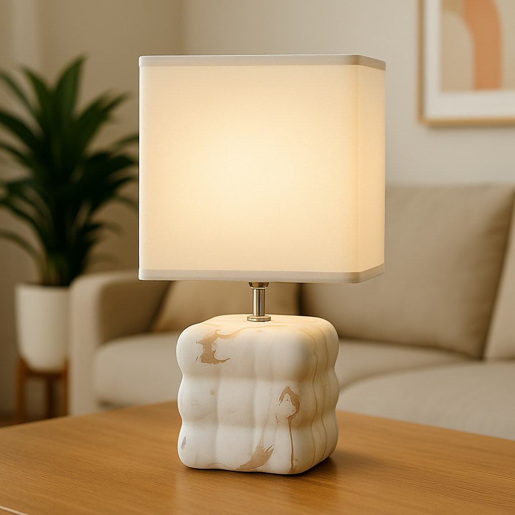 Luxury White Marble-Texture Ceramic Table Lamp with Square Fabric Shade