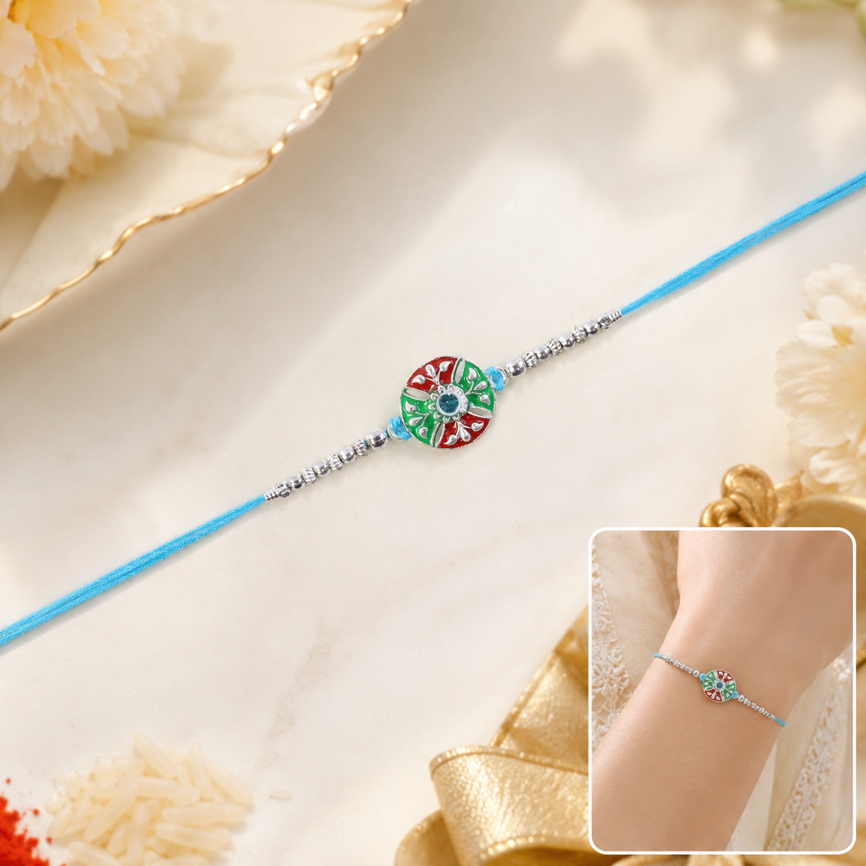 Close-up of colorful beadwork and silver chain on rakhi