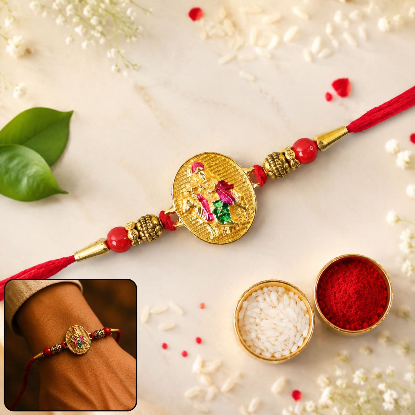Dwarkadhish Krishna Gold Coin Rakhi with red beads front view