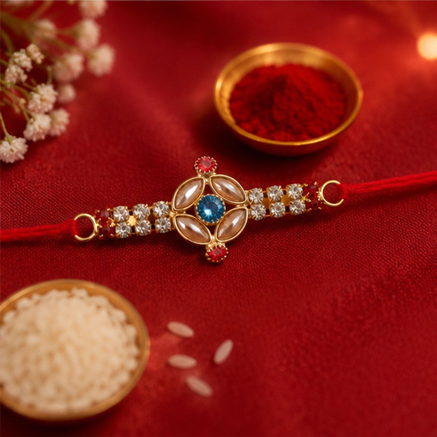 Blue floral center with red stones and pearls on Kundan Rakhi