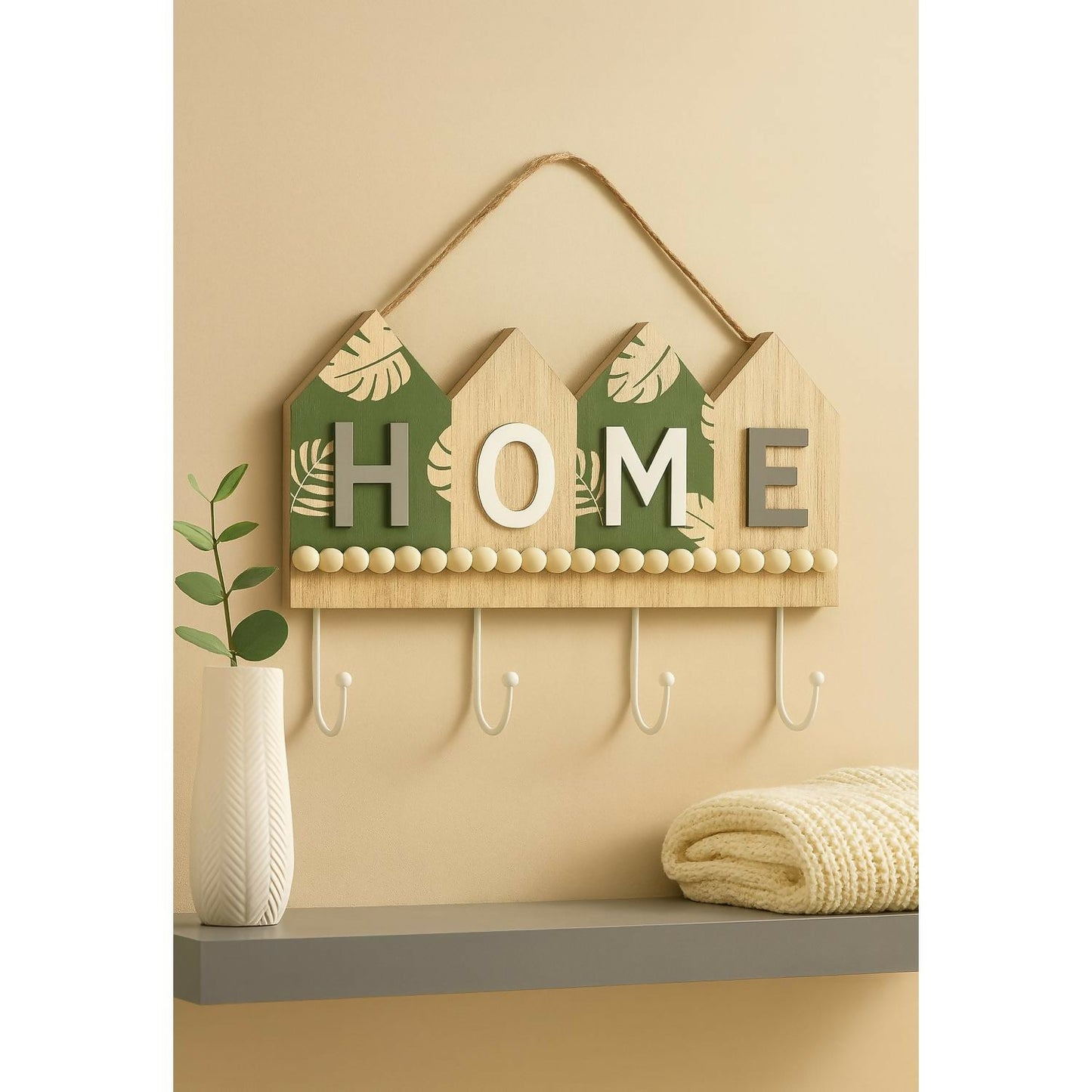 Rustic Wooden Wall Key Holder with â€œHOMEâ€ Letter Design â€“ Decorative Wall Hanging with 4 Sturdy Hooks and Rope Hanger â€“ Ideal for Entryway, Living Room, Kitchen, Bedroom, Office, and Housewarming Gifting