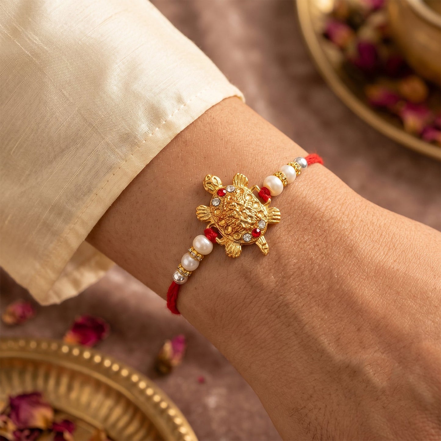 Front view of Turtle Rakhi with gold turtle charm and pearl accents.