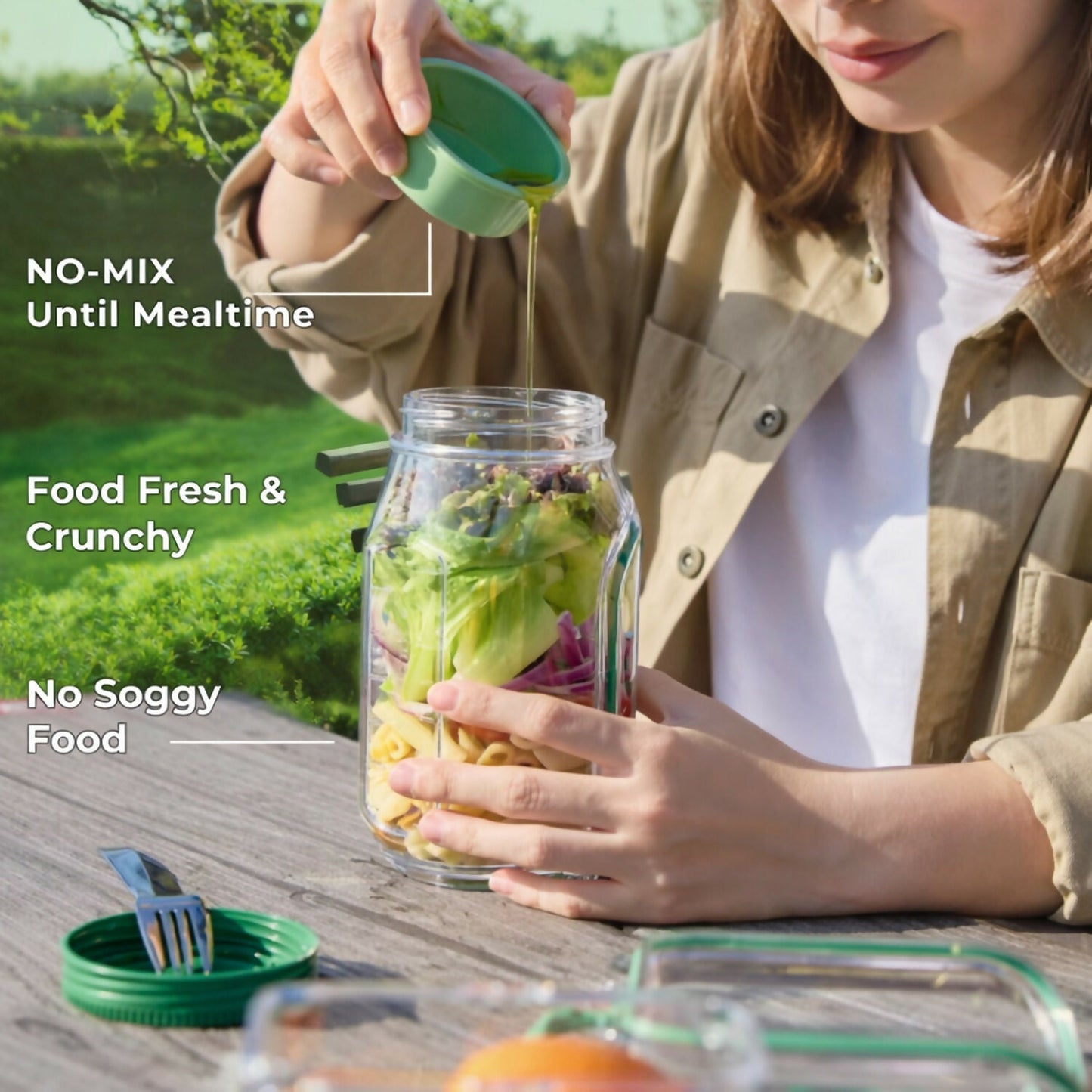 DeoDap Leakproof Salad Container Jar with Dressing Cup - scale and size reference