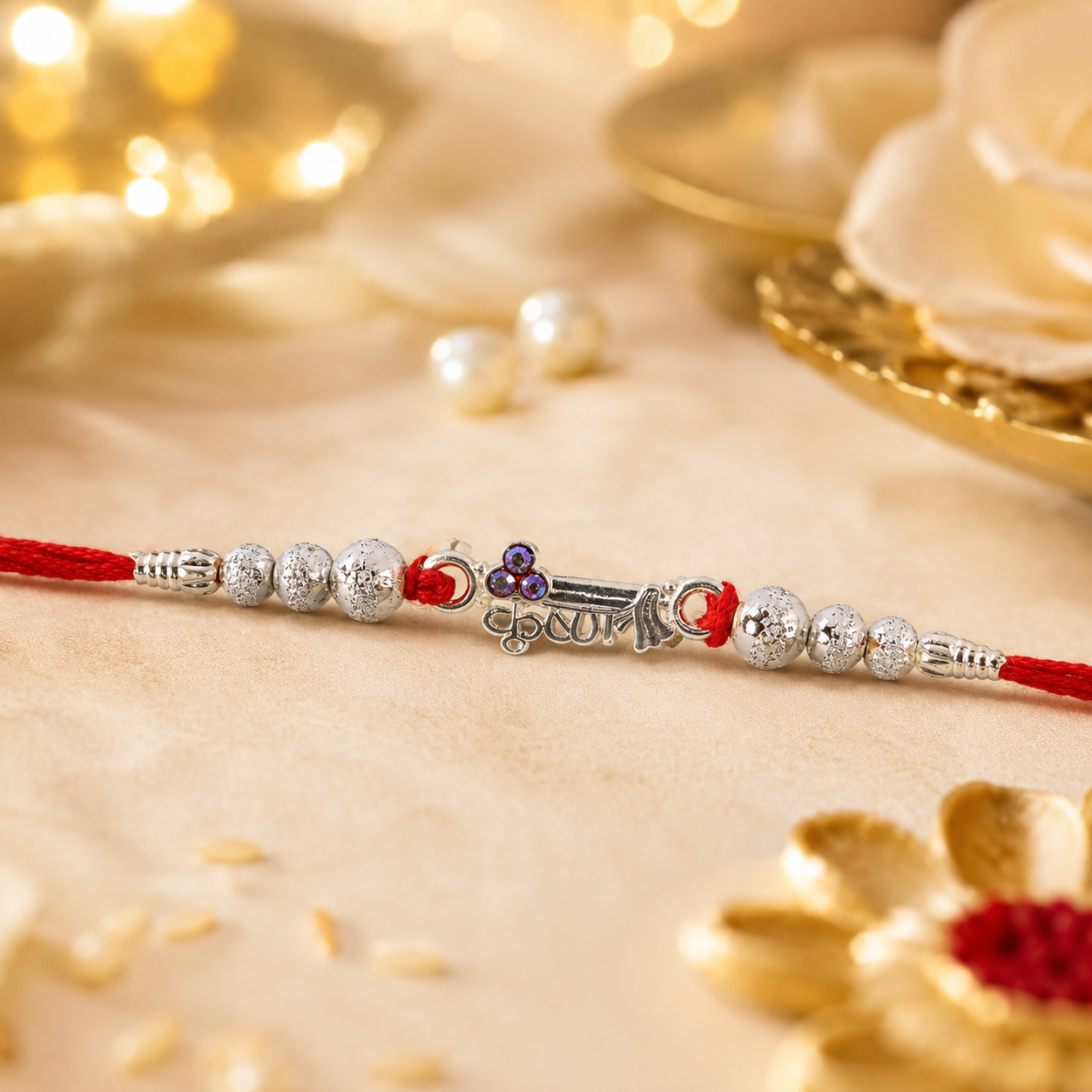 Elegant silver rakhi with purple stone and decorative beads, lightweight and comfortable to wear