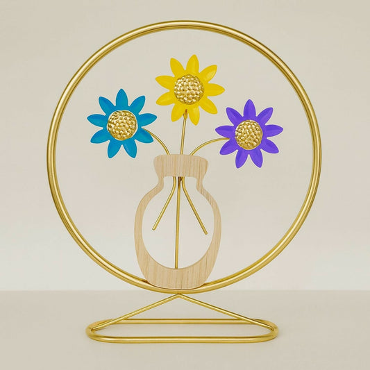 Luxury Metal Flower Showpiece with Wooden Pot â€“ Golden Round Frame with Multicolor Flowers (Blue, Yellow, Purple) â€“ Decorative Metal Art for Home, Living Room, Bedroom, Office Table, Gift Item, Modern Table DÃ©cor