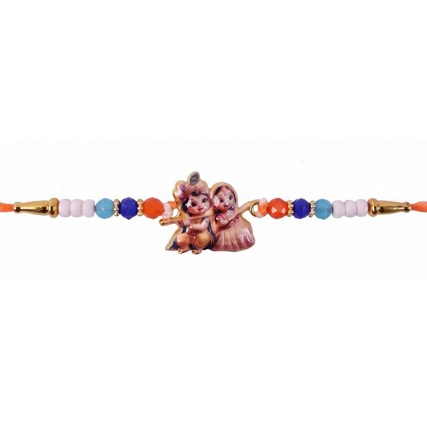 Soft thread Radha Krishna Rakhi with an auspicious motif for comfort and spirituality.