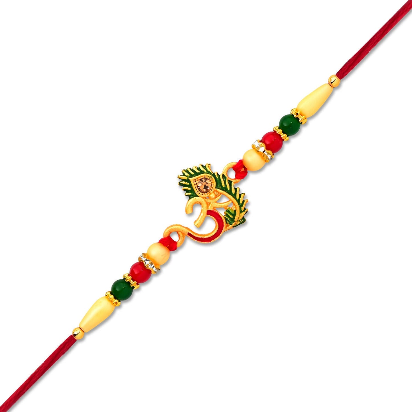 Elegant display of Om Peacock Feather Rakhi showcasing detailed craftsmanship
