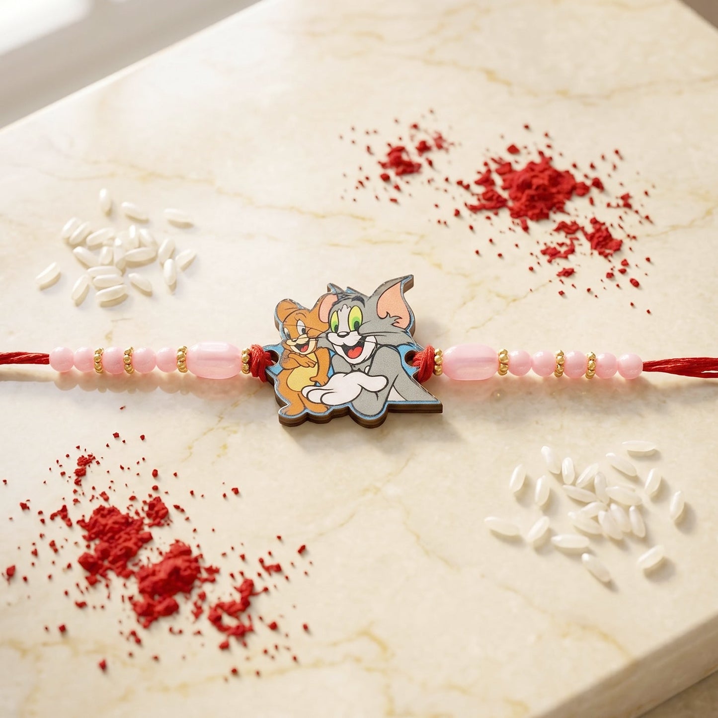 Close-up of cartoon kids rakhi with pink beads and gold detailing